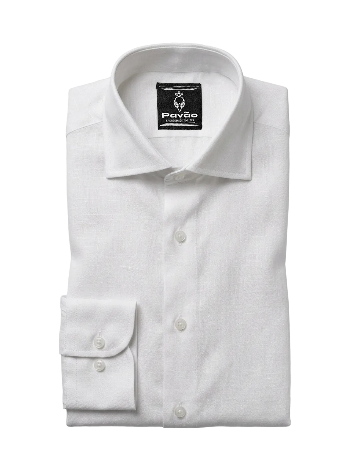 A folded white long-sleeve dress shirt with a spread collar and a single-button cuff, shown on a light gray background. The brand label 'Pavão' is visible inside the collar.