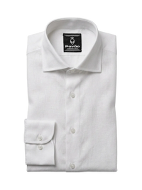 A folded white long-sleeve dress shirt with a spread collar and a single-button cuff, shown on a light gray background. The brand label 'Pavão' is visible inside the collar.