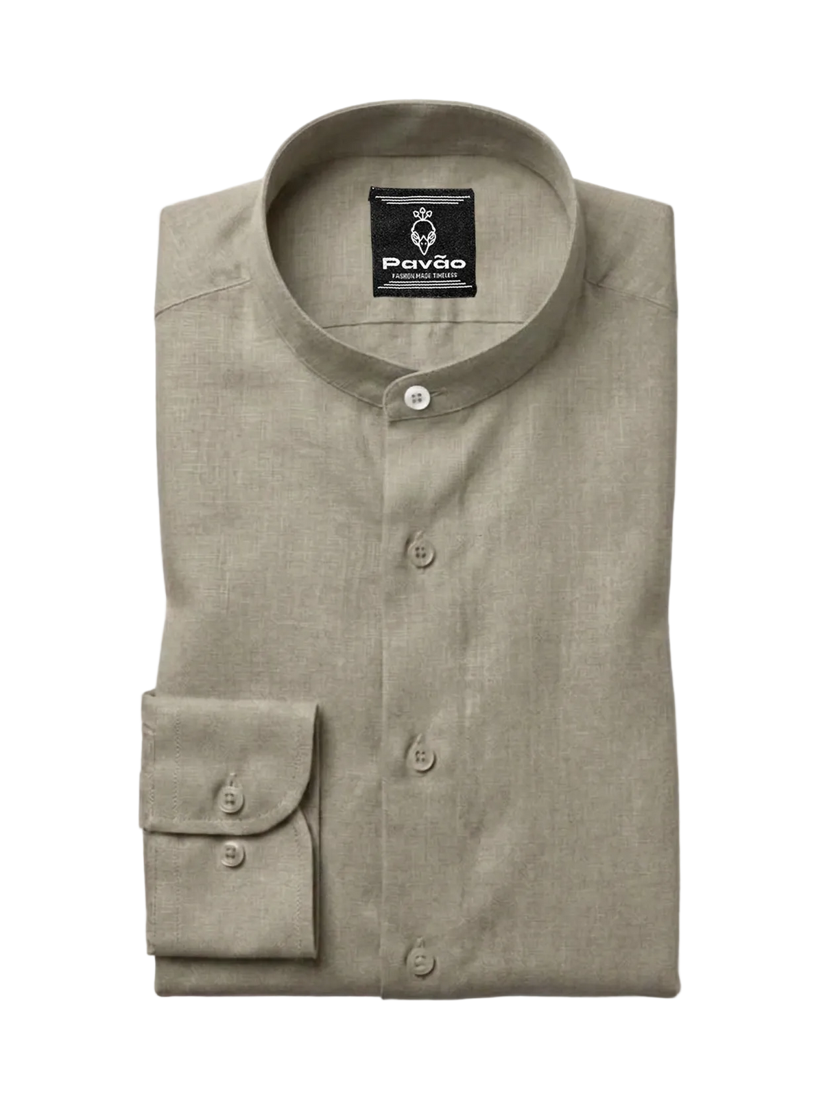 A folded light khaki linen shirt with a mandarin collar and a single buttoned cuff, displayed on a clean white background. The brand label 'Pavão' is visible inside the collar.