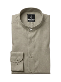A folded light khaki linen shirt with a mandarin collar and a single buttoned cuff, displayed on a clean white background. The brand label 'Pavão' is visible inside the collar.
