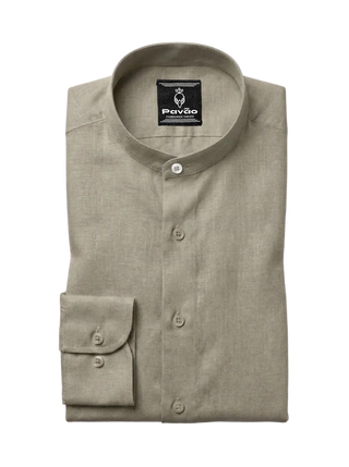 A folded light khaki linen shirt with a mandarin collar and a single buttoned cuff, displayed on a clean white background. The brand label 'Pavão' is visible inside the collar.