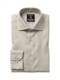 A folded light beige linen dress shirt with a button-down front and a single-button cuff, displayed on a clean white background. The brand label 'Pavão' is visible inside the collar.