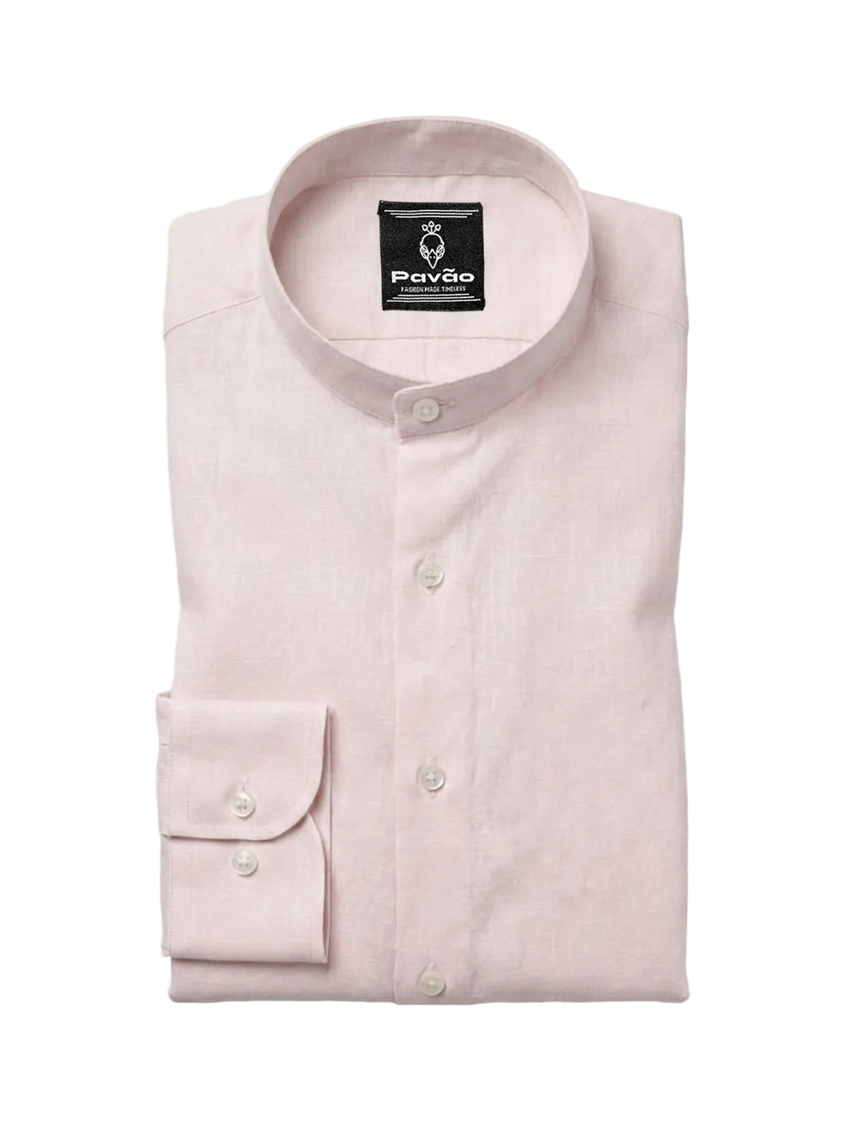 A folded light pink long-sleeve dress shirt with a band collar and a single-button cuff, displayed on a light gray background. The brand label 'Pavão' is visible inside the collar.