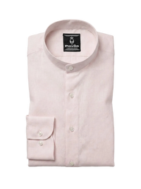 A folded light pink long-sleeve dress shirt with a band collar and a single-button cuff, displayed on a light gray background. The brand label 'Pavão' is visible inside the collar.