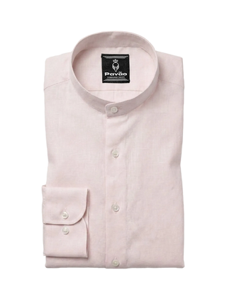 A folded light pink long-sleeve dress shirt with a band collar and a single-button cuff, displayed on a light gray background. The brand label 'Pavão' is visible inside the collar.