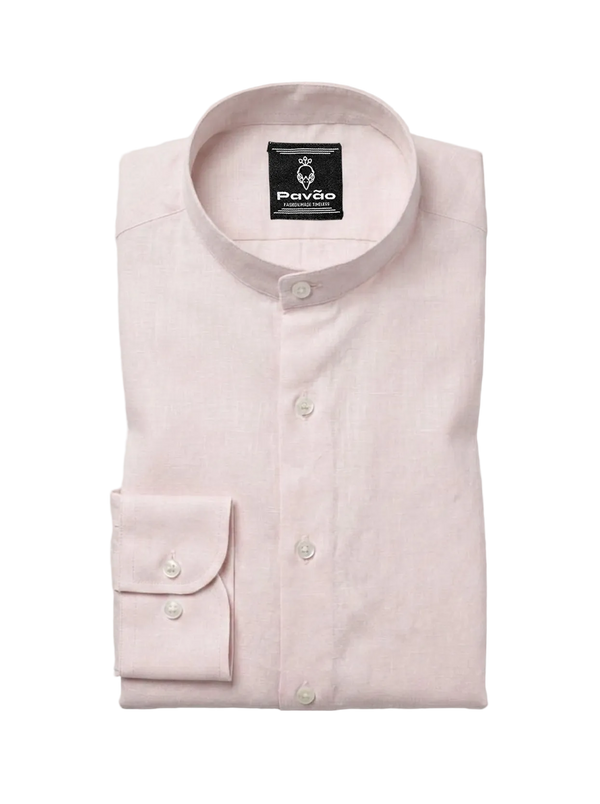 A folded light pink long-sleeve dress shirt with a band collar and a single-button cuff, displayed on a light gray background. The brand label 'Pavão' is visible inside the collar.