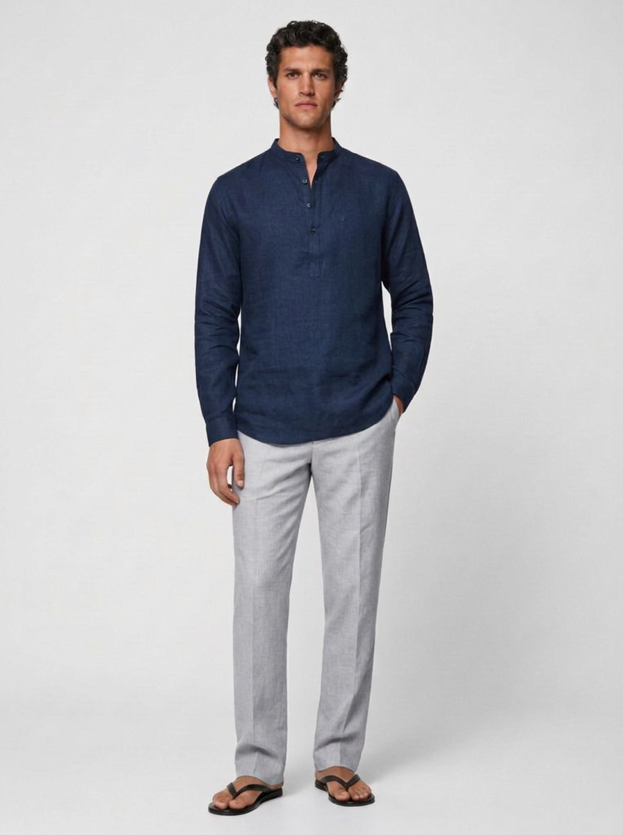 100% Linen Short Kurta Navy Blue