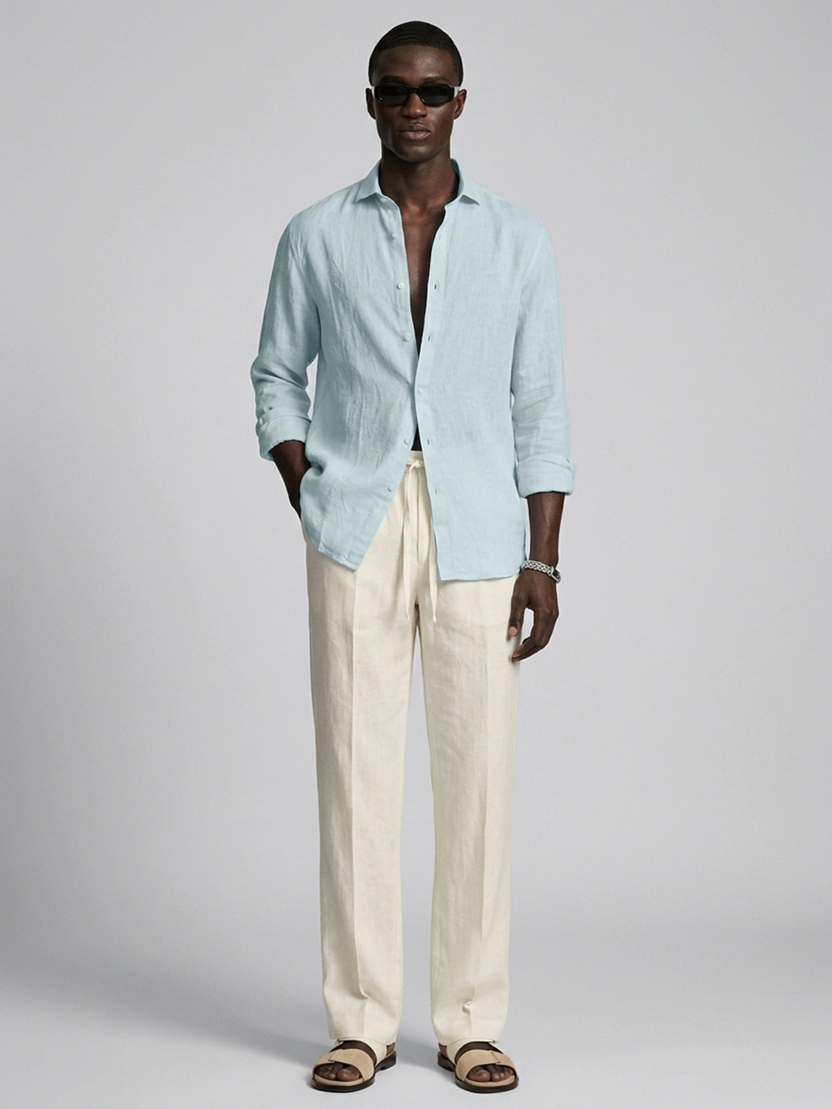 Silicon-washed 100% linen sky blue casual shirt with short soft collar