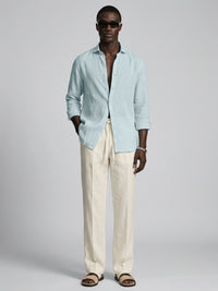 Silicon-washed 100% linen sky blue casual shirt with short soft collar