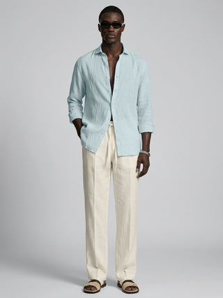 Silicon-washed 100% linen sky blue casual shirt with short soft collar