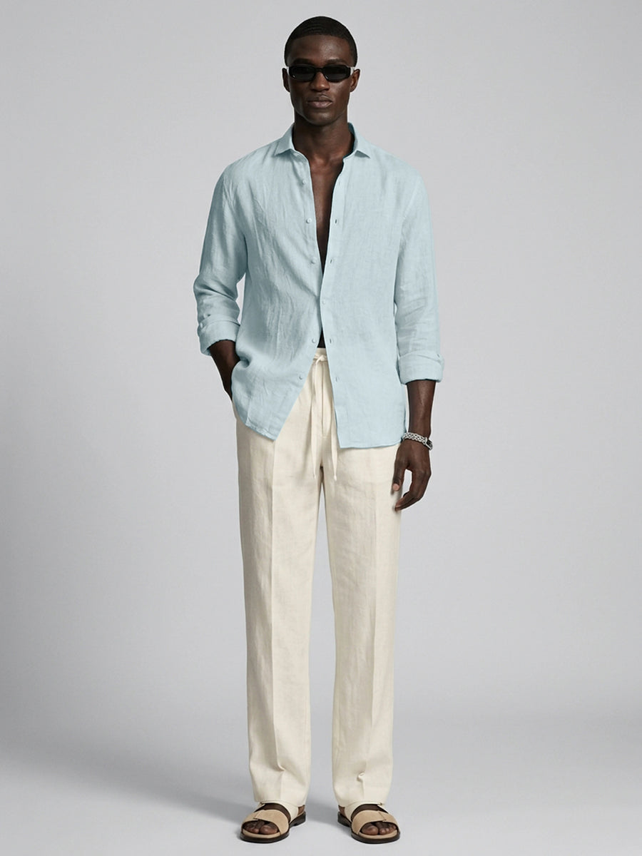 Silicon-washed 100% linen sky blue casual shirt with short soft collar
