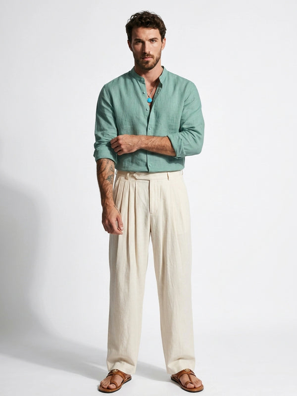 Silicon-washed 100% linen mint green shirt with mandarin band collar