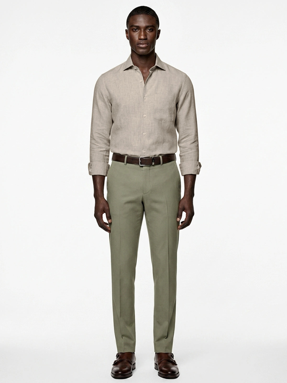 100% linen camel beige formal shirt with cut-away collar, no pocket
