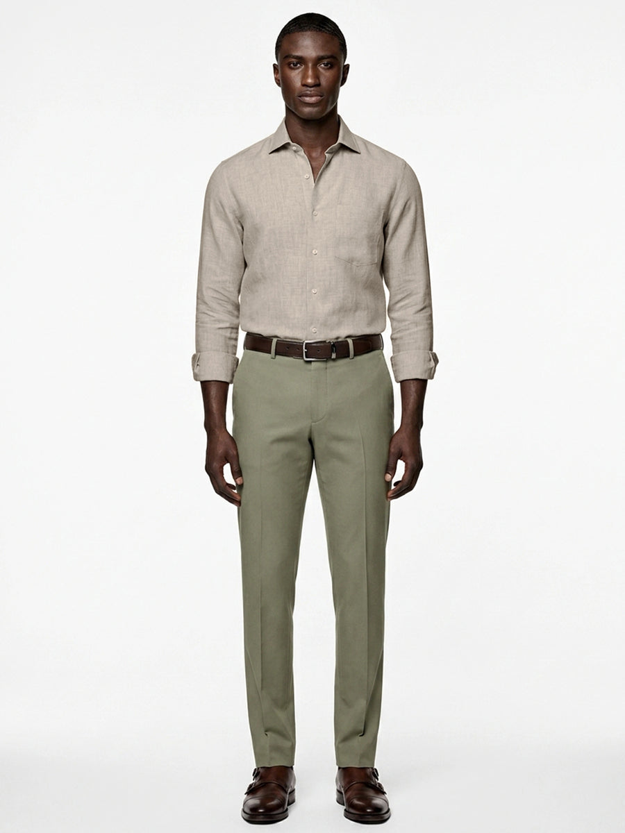 100% linen camel beige formal shirt with cut-away collar, no pocket