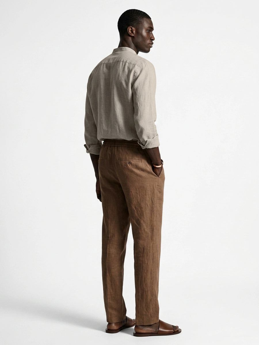 100% Linen Shirt Mandari Collar Camel Beige