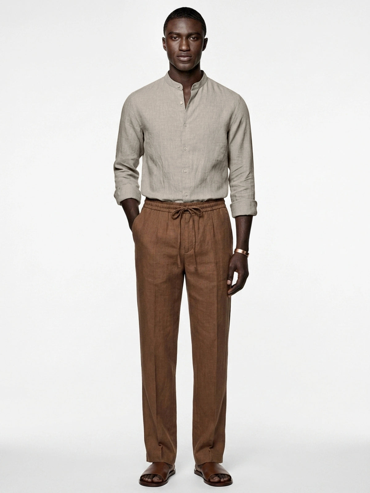 Silicon-washed 100% linen camel beige shirt with mandarin band collar