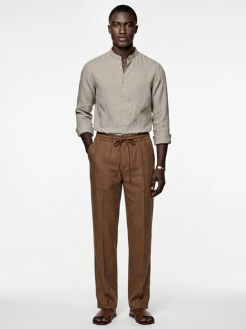 Camel Linen Mandarin Shirt