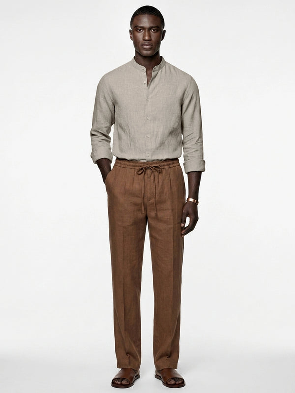 Silicon-washed 100% linen camel beige shirt with mandarin band collar