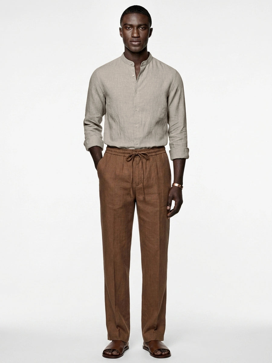 Silicon-washed 100% linen camel beige shirt with mandarin band collar