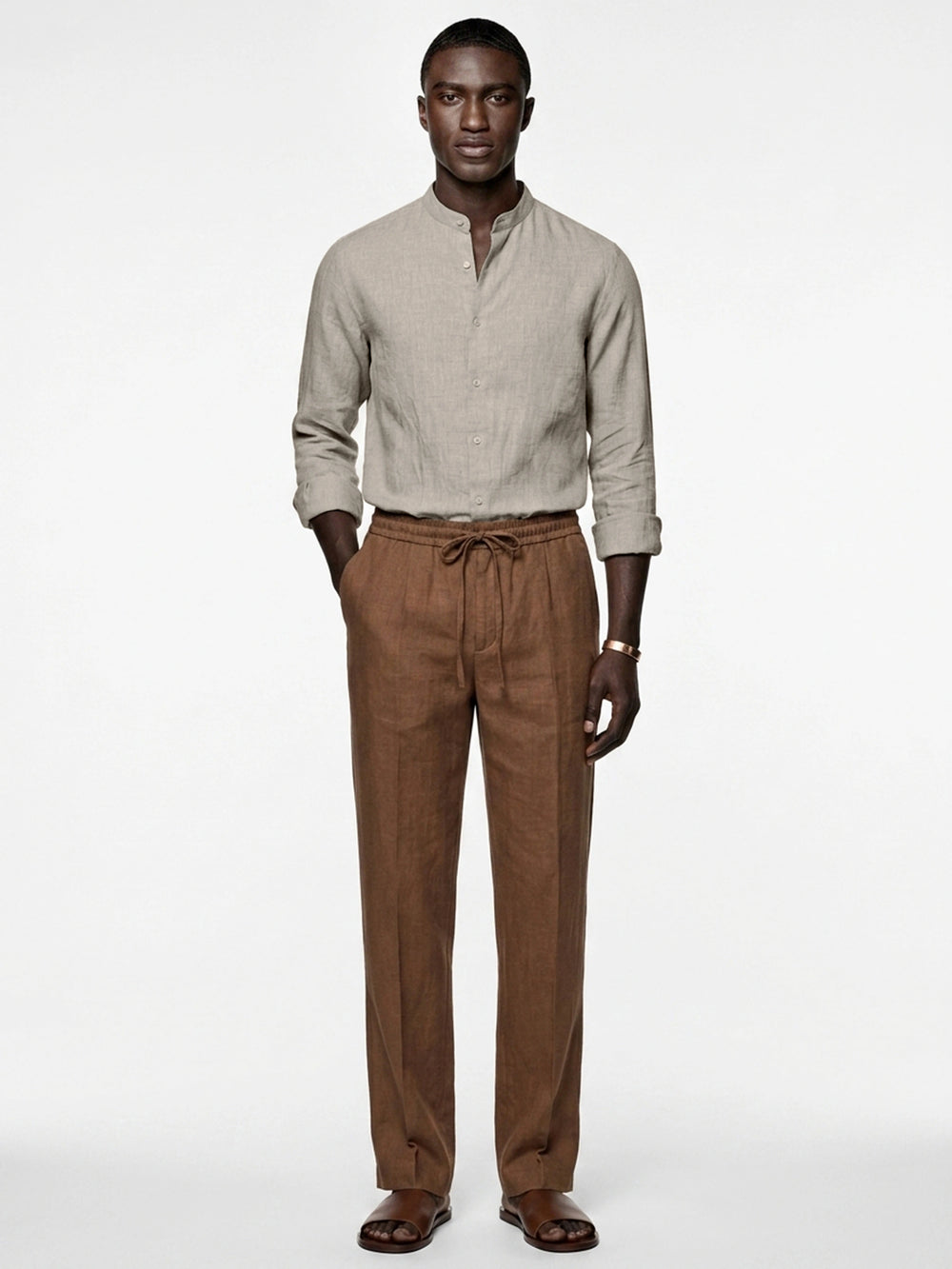 Camel Linen Mandarin Shirt