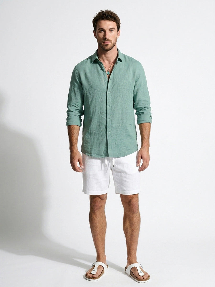 Silicon-washed 100% linen mint green casual shirt with short soft collar