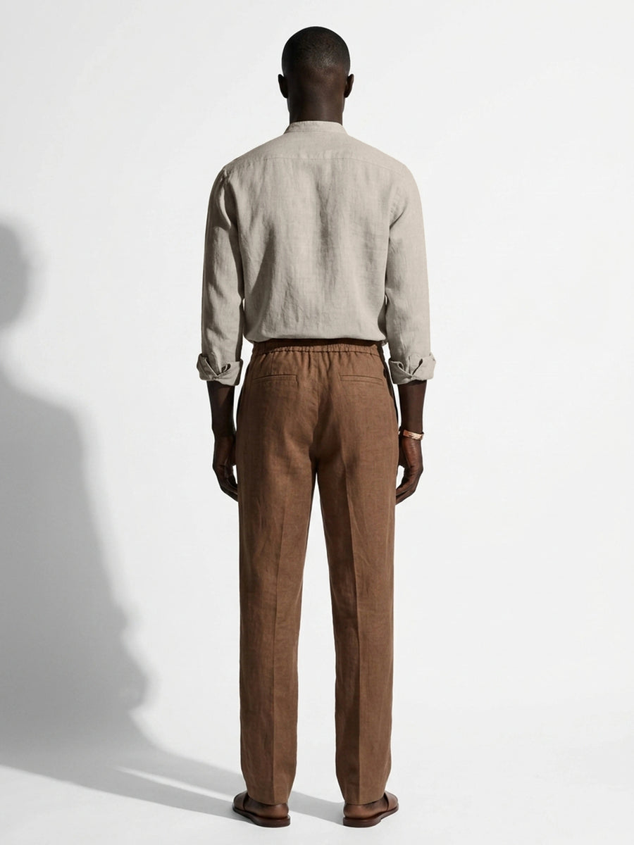 100% Linen Shirt Mandari Collar Camel Beige