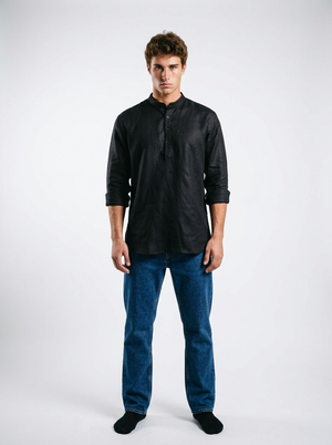 100% Linen Short Kurta Black