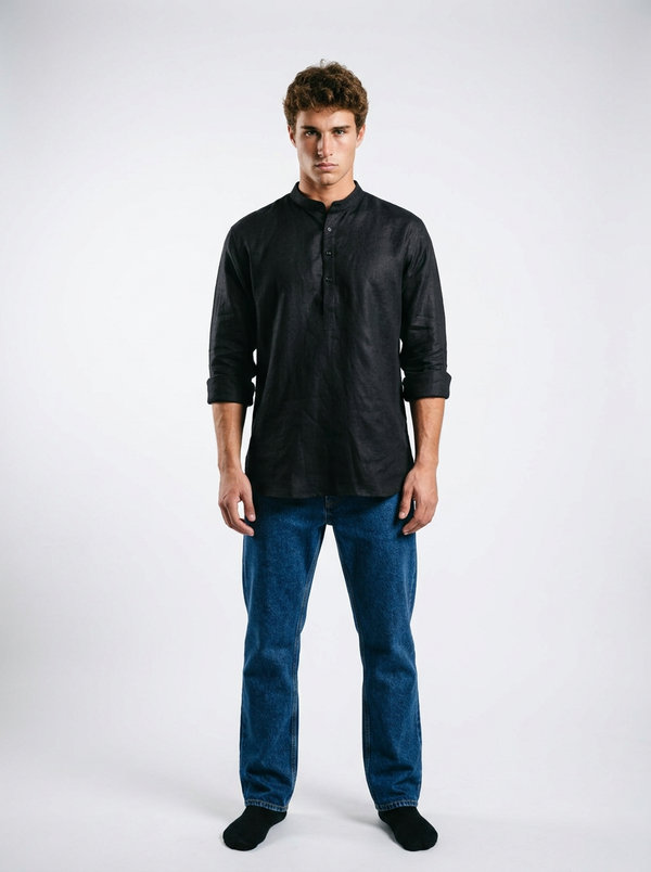 100% Linen Short Kurta Black