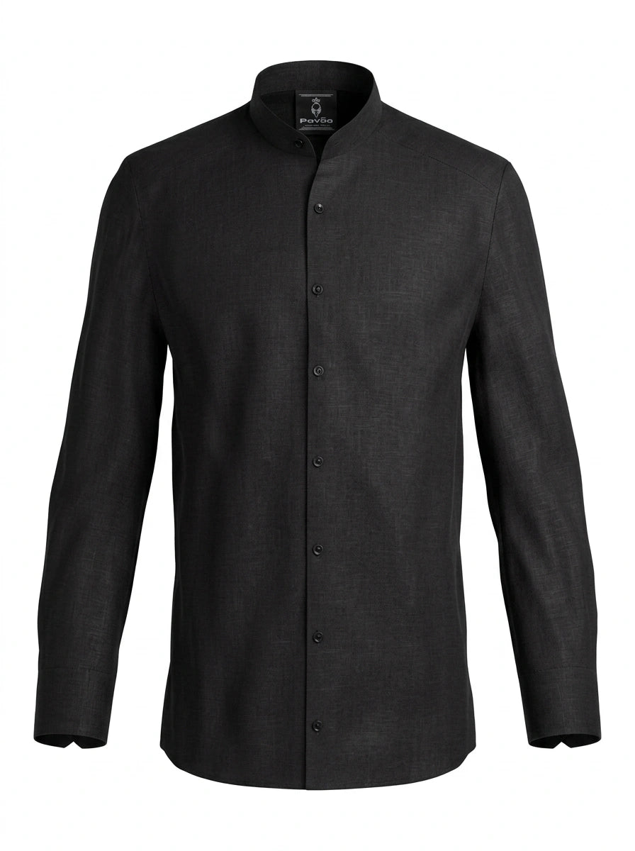 100% Linen Shirt Mandari Collar Jet Black