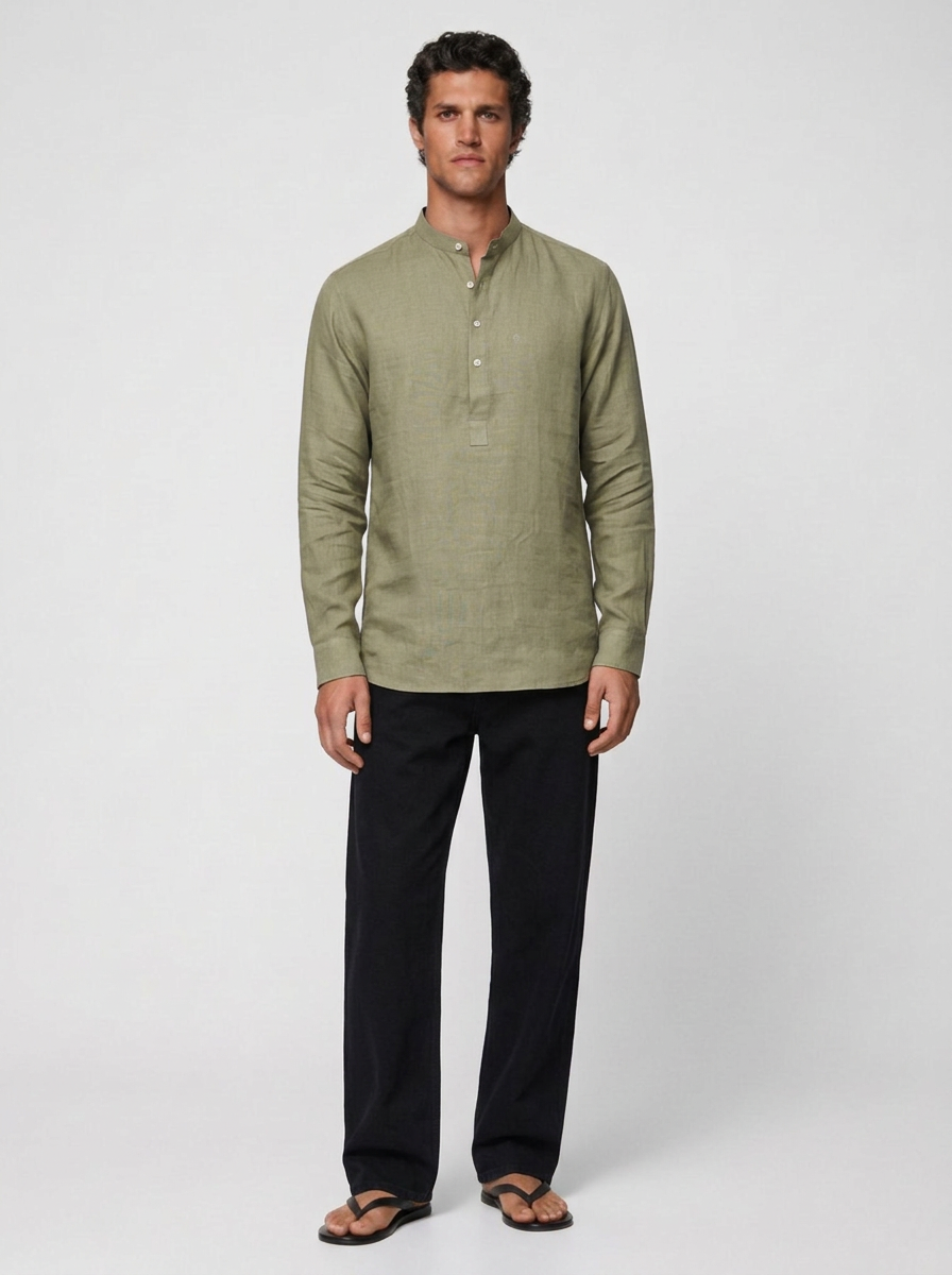 100% Linen Short Kurta Olive Green
