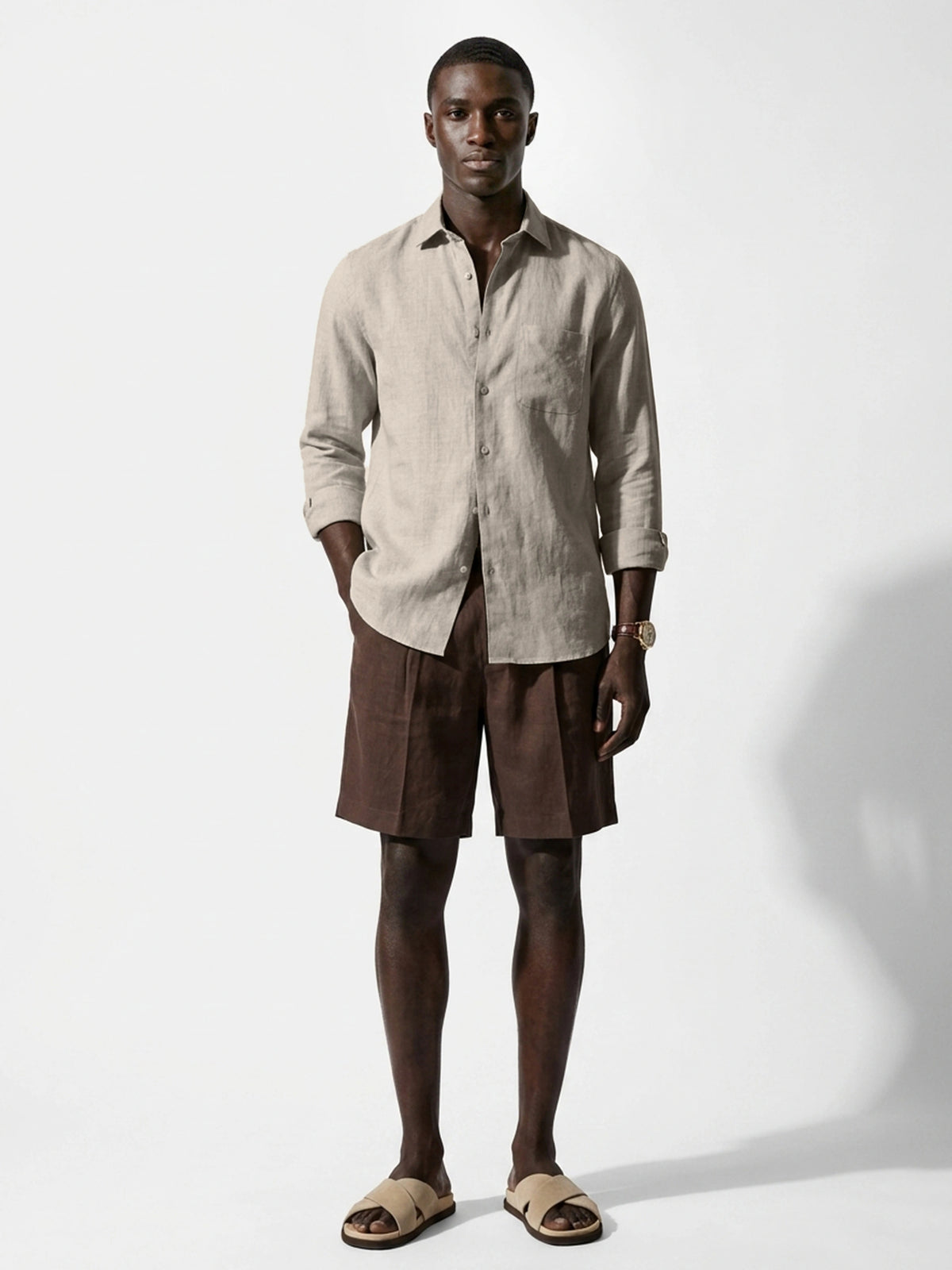 Silicon-washed 100% linen camel beige casual shirt with short soft collar