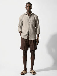 Silicon-washed 100% linen camel beige casual shirt with short soft collar