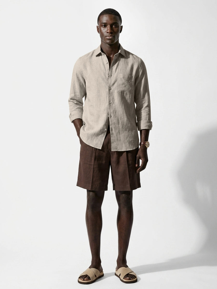 Silicon-washed 100% linen camel beige casual shirt with short soft collar