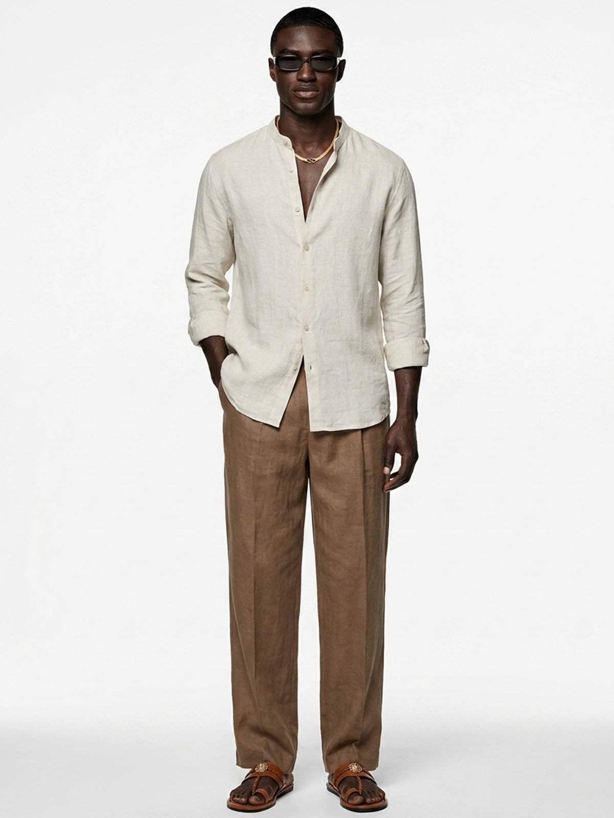 Silicon-washed 100% linen sand beige shirt with mandarin band collar