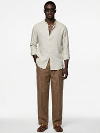 Silicon-washed 100% linen sand beige shirt with mandarin band collar