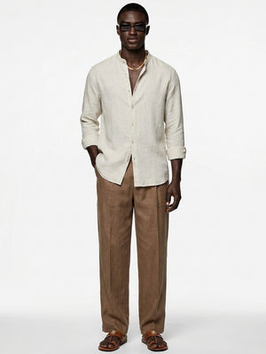 100% Linen Mandarin Collar Shirt Sand Beige