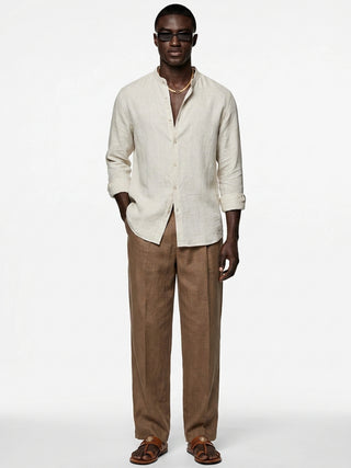 Silicon-washed 100% linen sand beige shirt with mandarin band collar