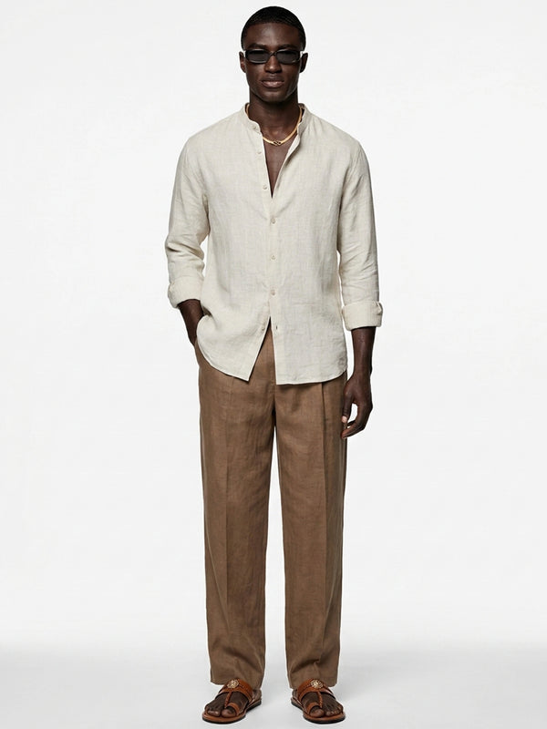Silicon-washed 100% linen sand beige shirt with mandarin band collar