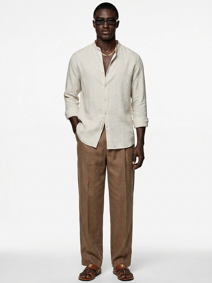 Silicon-washed 100% linen sand beige shirt with mandarin band collar