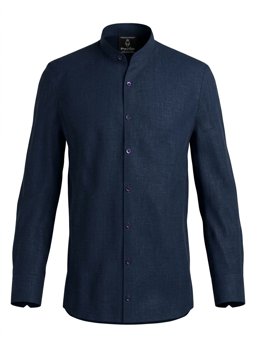 100% Linen Shirt Mandari Collar Navy Blue