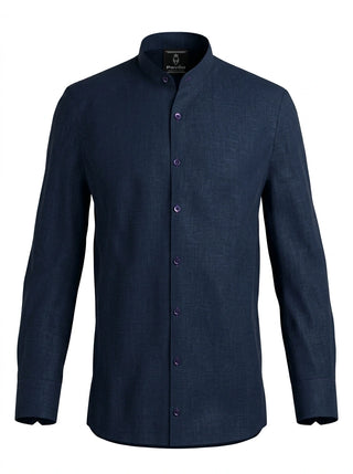 100% Linen Mandarin Collar Shirt Navy Blue
