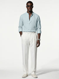 Silicon-washed 100% linen sky blue shirt with mandarin band collar