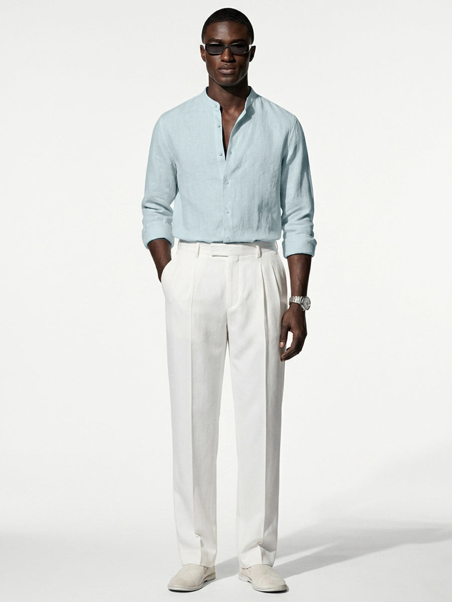 Silicon-washed 100% linen sky blue shirt with mandarin band collar
