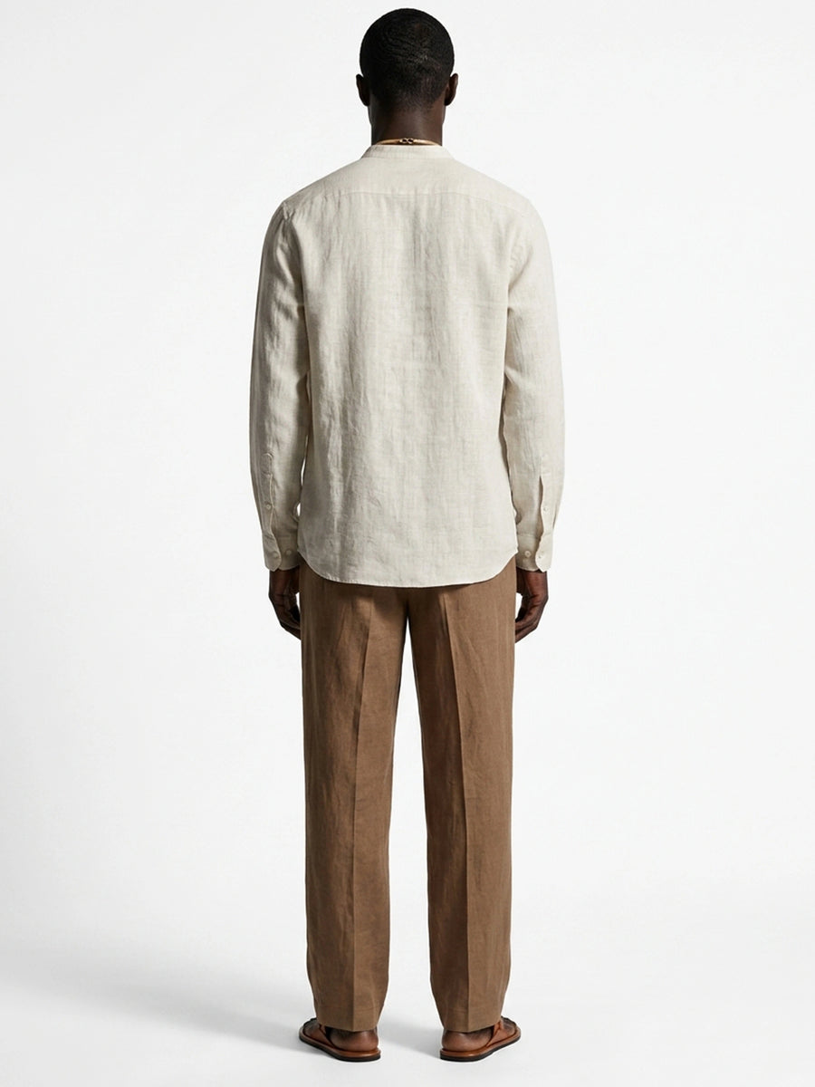 100% Linen Mandarin Collar Shirt Sand Beige