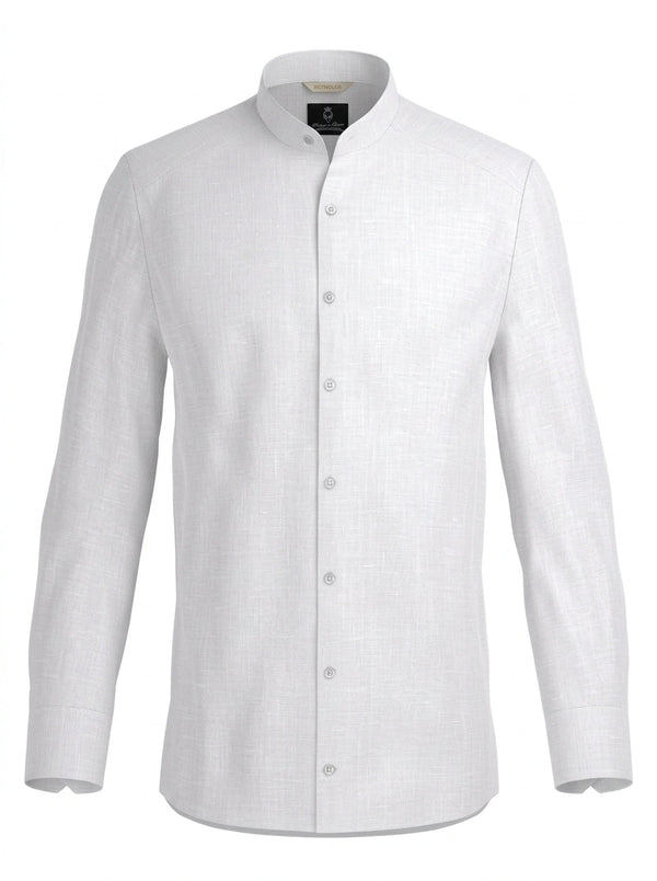 100% Linen Mandarin Collar Shirt White