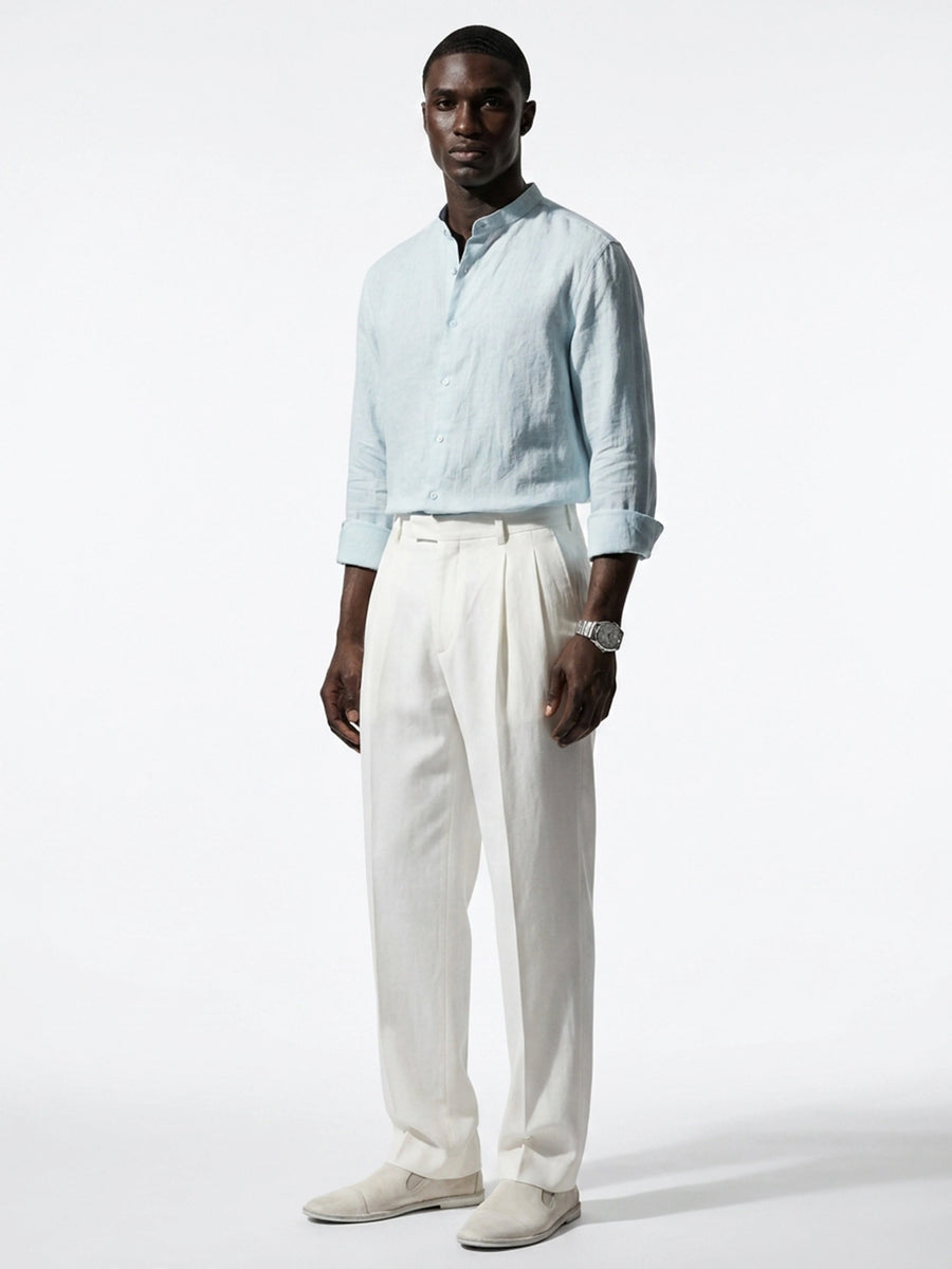 100% Linen Shirt Mandari Collar Sky Blue