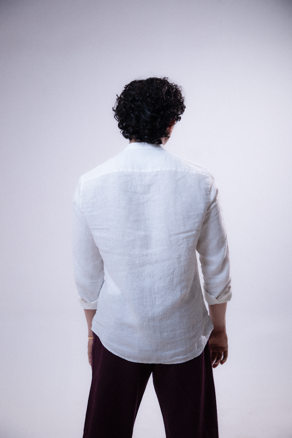 100% Linen Mandarin Collar Shirt White
