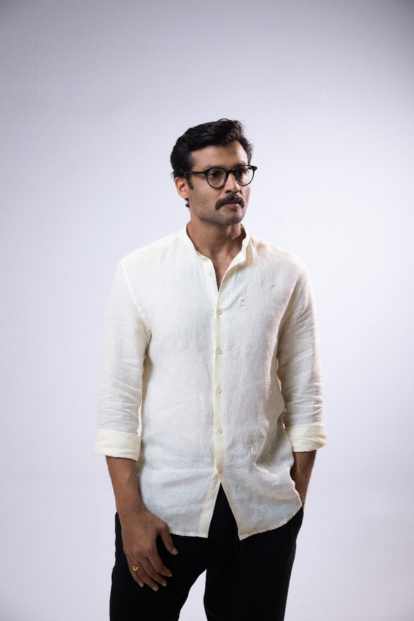 100% Linen Mandarin Collar Shirt Ivory