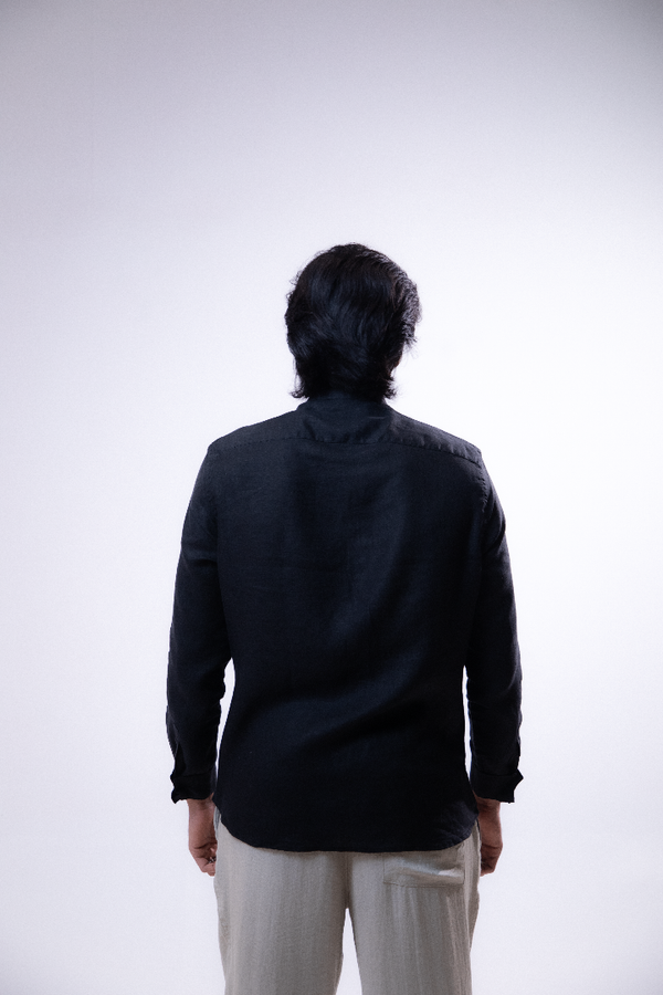 100% Linen Mandarin Collar Shirt Jet Black