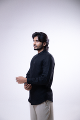100% Linen Mandarin Collar Shirt Jet Black